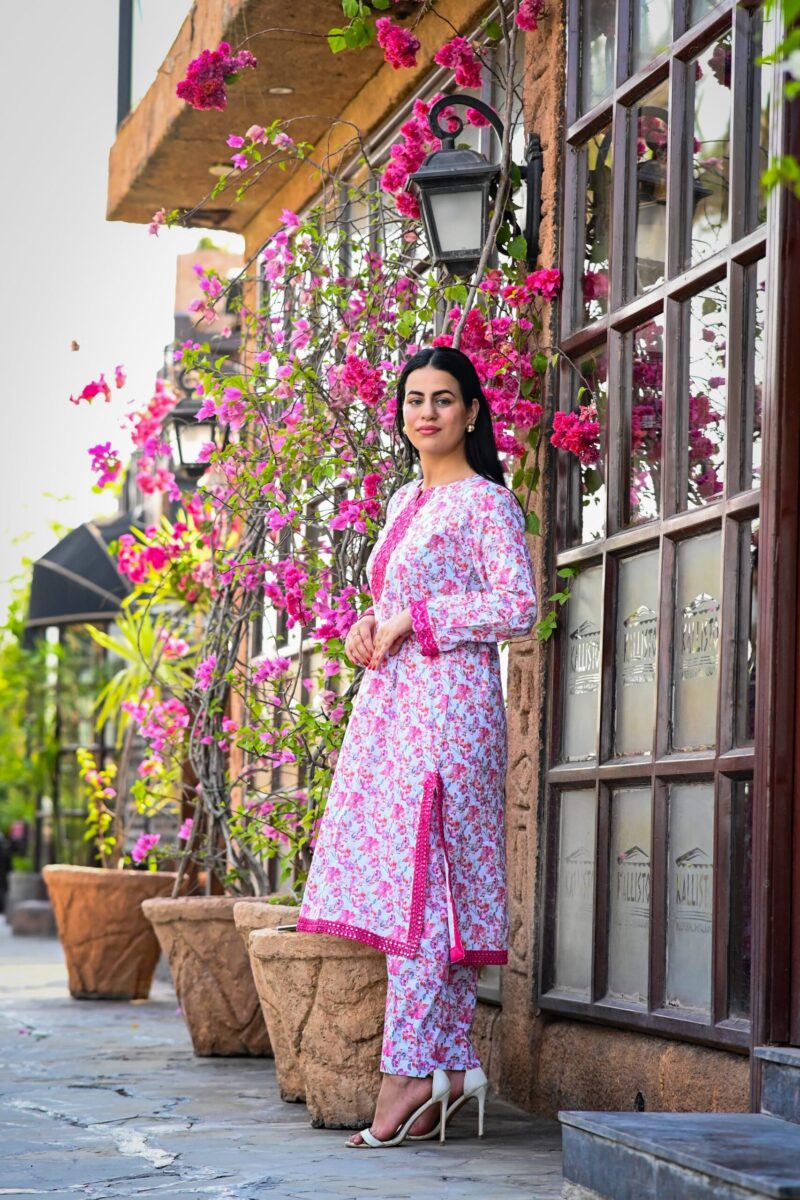Pink Blossom Floral Kurta Set - Image 2